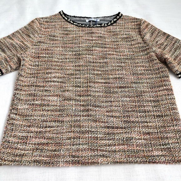 ZARA Boucle Tweed Pearl Trim Top | Tan, White, Pink | Size M/L - Picture 9 of 12